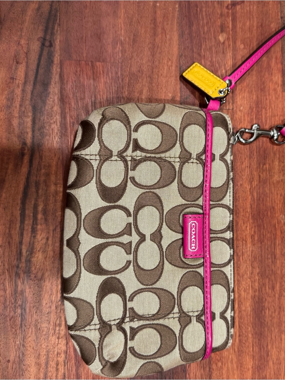 Coach Signature Canvas Wristlet in Brown with Pink and Yellow Accents